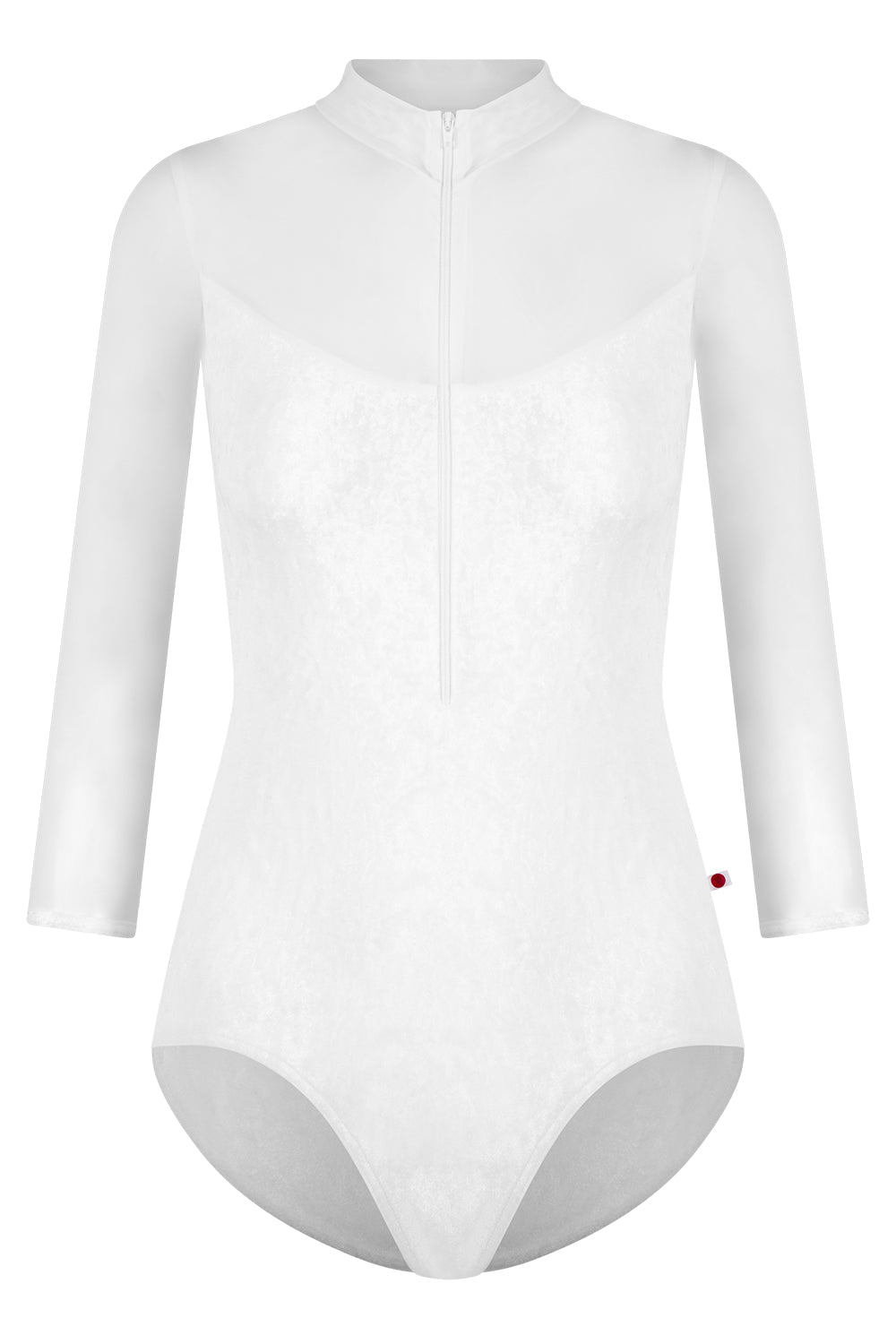 Jessica Mesh Variation 2 leotard in CV-White body color with Mesh White top color, 3Q sleeves and collar color & CV-White trim color