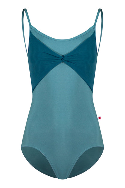 Kathy leotard in N-Frost body & trim color with Mesh Lagoon overlay