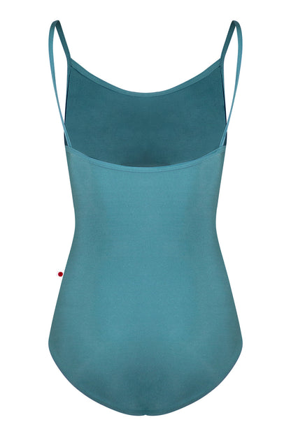 Kathy leotard in N-Frost body & trim color with Mesh Lagoon overlay