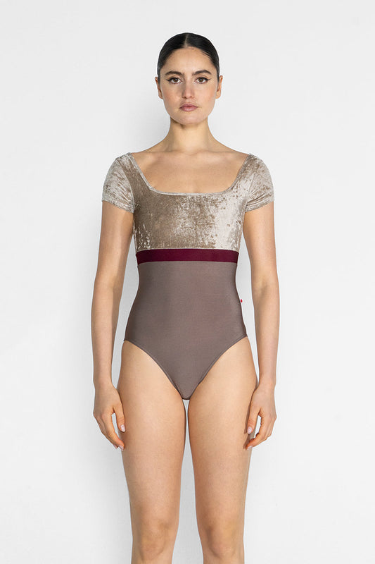 Marieke Variation 1 leotard in N-Star body color with CV-Toffee top & trim color and N-Burgundy middle band color. CV-Toffee short sleeves