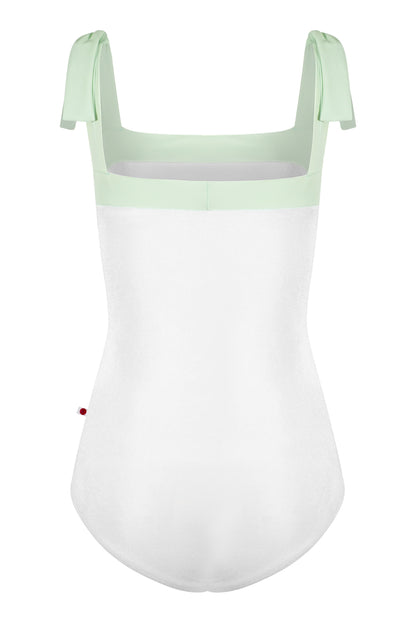 Mimi leotard in V-White body color with T-Pistachio top color