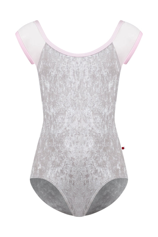Kids Wendy leotard in CV-Silver body color with Mesh Rose cap sleeves and N-Rose trim color